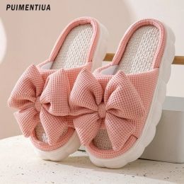 Boots Spring Summer Bowknot Slippers For Women Kawaii Home Slippers Light Ladies Flip Flops Shoes Woman Thick Sole Flat Linen Sandals