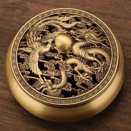 Burners Beautiful Dragon and Phoenix Carved Copper Incense Burner Brass Incense Holder with Cover Sandalwood Round Censer Home Decor