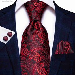 Neck Ties Neck Ties Hi-Tie Paisley Wine Red 100% Silk Mens Tie NeckTies 8.5cm Ties for Men Formal Business Luxury Wedding Neckties Quality Gravatas Y240325
