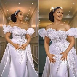 Dresses Pearls Mermaid Wedding Bride Gowns With Detachable Train African Nigerian Off The Shoulder Beaded Applique Vestido De Novia