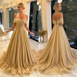 Modest light gold Evening Dresses a line off shoulder glitter Formal Prom dress beads luxury red carpet gown ruffles Robe De Soiree