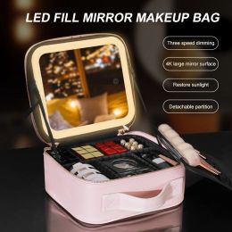 Bins Cosmetic Case with LED Mirror Large Capacity Cosmetic Bag Portable Storage Bag Girl Women Travel Makeup Bags for Women