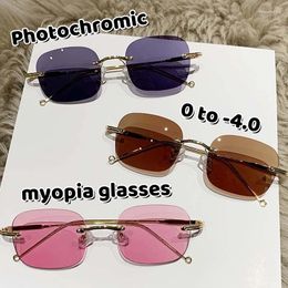 Sunglasses 2024 Sensitive Color Changing Frameless Myopia Glasses Pochromic Eyewear Blue Light Blocking Eye Protection Eyeglasses