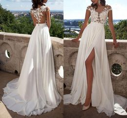 Summer Bohemian Lace Chiffon Wedding Dresses A Line Sheer Neck Cap Sleeves Appliques Long Beach Garden Bridal Gowns Plus Size BC18466