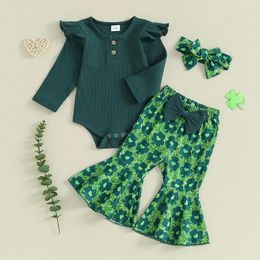 Clothing Sets Spring Baby Girls For Kids Irish Day Outfits Long Sleeve Ribbed Ruffle Romper Flare Pants Headband Set Infant Clothes