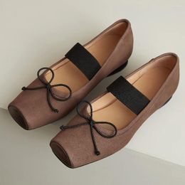 Casual Shoes Women's Genuine Leather Square Toe Elastic Band Slip-on Ballet Flats Leisure Soft Comfortable Sweet Bowtie Espadrilles