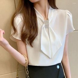 Women's Blouses Fashionable V-neck White Blouse Summer Fashion Diamonds Short Sleeve Shirts Women Clothing Simplicity Bow Pullover Tops N770