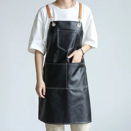 Solid PU Leather Waterproof For Women Men Apron Kitchen Accessories Cafe House Cleaning Bib Cooking Baking Pocket Chef Pinafore 240315