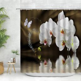 Curtains White Orchid Flowers Shower Curtain Set Phalaenopsis Water Surface Floral Natural Scenery Bathroom Curtains Hooks Home Decorate