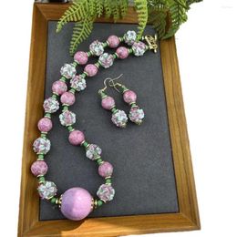 Necklace Earrings Set Antique Mix Clouds And Luminous Pearl With Pink Frog Glaze Murano Ear Hook