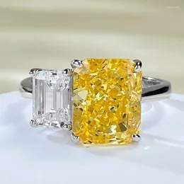 Cluster Rings 925 Sterling Silver Two Cubic Zirconia Yellow 8x10 Mm Cz Double Rectangular Stone Ring For Women Fine Jewellery