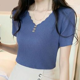 Women's T Shirts Korean Fashion Temperament Simple Summer Thin Ice Silk Short Sleeve T-shirt Solid V-neck Patchwork Button Loose Knit Top