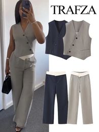 TRAFZA Autumn Women Solid Pants Suit Asymmetric Sleeveless Single Breasted Vest TopsCasual High Waist Loose Tousers 2 Piece Set 240322