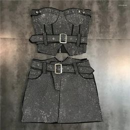 Work Dresses PREPOMP Sleeveless Strapless Rhinestone Diamonds Black Slim Tank Top Vest Short Bodycon Skirt Belt Two Piece Set Outfits GH708