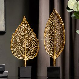 Sculptures Nordic Iron Art Golden Leaf Ornaments Crafts Modern Home Decorations Living Room Wine Cabinet Porch Desktop Decoration Ornaments