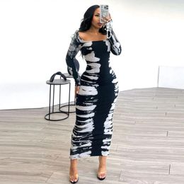 Women's Hoodies 2024 Spring O-neck Women Long Sleeve Maxi Dress Elastic Print Sexy Party Night Club Birthday Bodycon Street Dresses