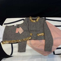 Luxury Women Two Piece Dress 24ss Early Spring New Miui Small Fragrant Wind Hand sewn Sequin Thick Tweed Heavy Industry Embroidered Coat Half Skirt Set
