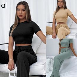 AL-132 Fashion Casual Suit Women's Solid Color High Elastic Body Shaping Short-Sleeved Wide-Leg Pants Two-Piece Suit