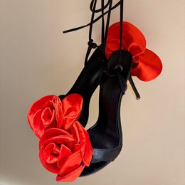 Silk Flower Sexy Stiletto Ladies Shoes Summer Thin Heels Strappy Designer Sandals Female Shoes Party Wedding Shoes Bride