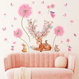 Stickers Pink Dandelion Cartoon Deer Rabbit Wall Sticker Removable Vinyl PVC Home Decor Living Room Bedroom