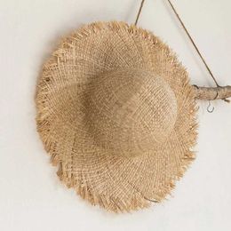 Wide Brim Hats Bucket Hats Summer Natural Raffia Womens Sun Hat Wide Brim Fashion Cork Round Top Straw Hat Girl Outdoor Vacation Beach Hat Panama J240325