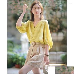 Womens Blouses Shirts Fashion V-Neck Button Solid Colour Puff Sleeve Clothing 2024 Spring Summer Loose Korean Tops Casual Drop Delivery Otrat