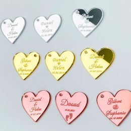 Decoration 20/50/100Pcs Personalised Acrylic Love Heart Tag Engraved Custom Wedding Name Baby Baptism Mirror Gold Tag Decoration Gift