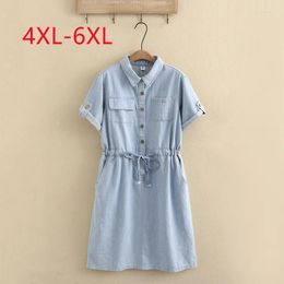 Party Dresses 2024 Ladies Spring Summer Plus Size Midi Dress For Women Large Short Sleeve V-neck Blue Denim 4XL 5XL 6XL