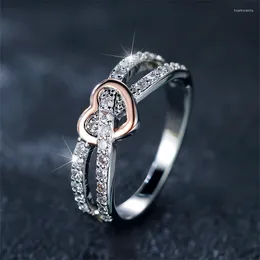 Wedding Rings Simple Female White Zircon Stone Ring Rose Gold Silver Colour Heart Engagement Bride Jewellery For Women