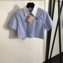 Moda curta camisa listrada feminina verão fino manga curta lapela camisa jaqueta solta casual jaqueta de proteção solar