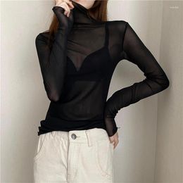 Women's T Shirts 2024 Girls Mesh Tees Female Spring Summer Transparent Full Sleeve Turtleneck Thin Shirt Tops Undershirts Women Gift