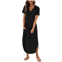 Casual Dresses Summer For Women 2024 Women's T Shirt Dress Short Sleeve V Neck Long Side Split With Pockets