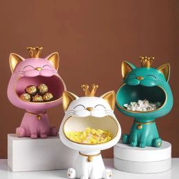 Knitting 2022 Resin Lucky Cat Statue Sculpture Table Decoration Miniature Figurine Storage Box Modern Living Room Desk Home Decor