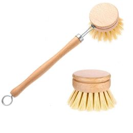 Wooden Pan Natural Long Pot Handle Dish Bowl Washing & Replacement Brush Heads Household Kitchen Cleaning Tools