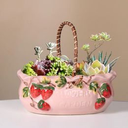 Ceramic Flower Pot Cute Strawberry Succulent Plant Pots Vase Green Plants Planter for Indoor Home Desktop Decoration 240320