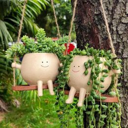 Planters Pots Plant Hanger Baskets Lovely Swing Face Planter Pot Succulent Flower Pots Balcony Wall Hanging Planter Decor Home Garden Supplies 240325