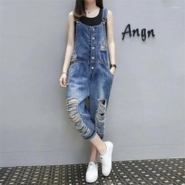 Women's Jeans Loose Hole Denim Overalls Women Retro Suspenders Ankle-Length Pants Hollow Out Streetwear Students Spring Autumn