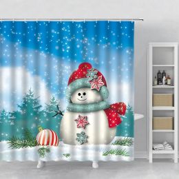 Curtains Child Christmas Shower Curtains Cute Snowman Green Xmas Tree Pine Snowflake Blue Bathroom Bath Curtain New Year Decor Wall Cloth