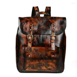 Backpack Vintage Style Distressed Leather Unisex Casual Head Layer Cowhide Couple Shoulder Bag Retro Men's