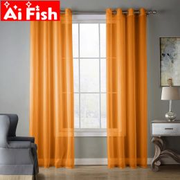Curtains Orange European and American style Window Screening Solid Door Curtains Drape Panel Sheer Tulle For Living Room AP184#30