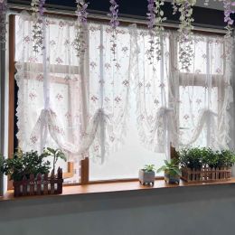 Curtains Korean Pastoral Floral Embroidery Ruffled Lace Balloon Tulle Curtains Princess Style Ribbon Lifting Sheer Roman Curtain Custom