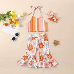 Clothing Sets Kid Girls Clothes Sleeveless Hanging Neck Striped Print Vest Long Bell-Bottoms Pants Head Band
