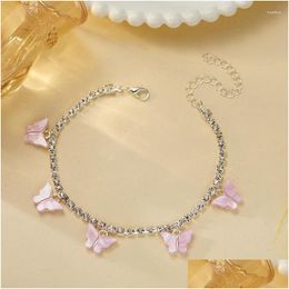 Anklets Boho Pink Butterfly Sier Plated Shiny Anklet Jewellery For Women Fashion Exquisite Insect Beach Accessories Gifts Drop Delivery Ot40O