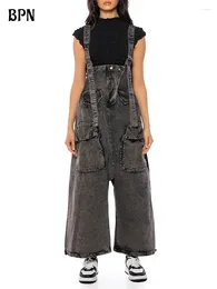 Women's Jeans BPN Streetwear Patchwork Denim Jumpsuits For Women Square Collar Sleeveless High Waist Spliced Pocket Soild Jumpsuit Female