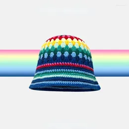 Berets Japanese Colorful Striped Knitted Fisherman Hat Women Autumn And Winter Versatile Basin Hats Warm Hand-crocheted Cap