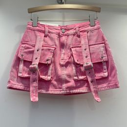 Calças de saia de cowboy no verão 2024 rosa idade reduzindo alça de bolso anti linha emagrecimento vestido de trabalho para mulheres 230314
