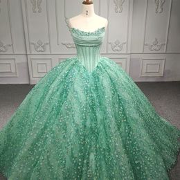 Mint Green Shiny Quinceanera Dresses Beading Crystal Sweet 16 Birthday Party Gown Corset Vestidos De 15 Anos Miss Prom Pageant