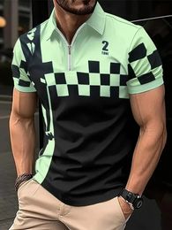 Mens business casual plaid zipper lapel Polo shirt short-sleeved T-shirt summer sports top 240312