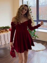 Casual Dresses Sexy Red Velvet 3d Flower Mini Women Off Shoulder Long Sleeve Backless Dress 2024 Spring Lady Night Party Club Vestidos