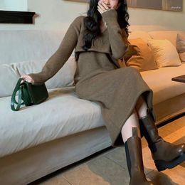 Work Dresses Women Dress Sets Two Pieces Set V Neck Jumpers Knitting Sweaters Skirts Solid Slim Pullovers High Street Winter Knee Length
